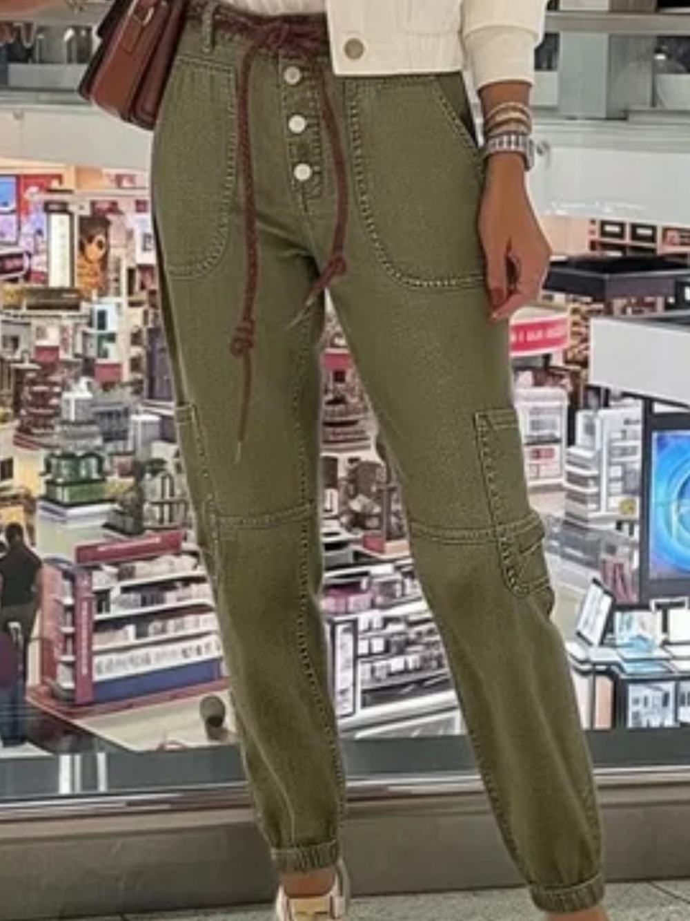 Flamigals Olive Utility Ankle Pants - Women's Cropped Cargo Style Sz Medium - Picture 5 of 10